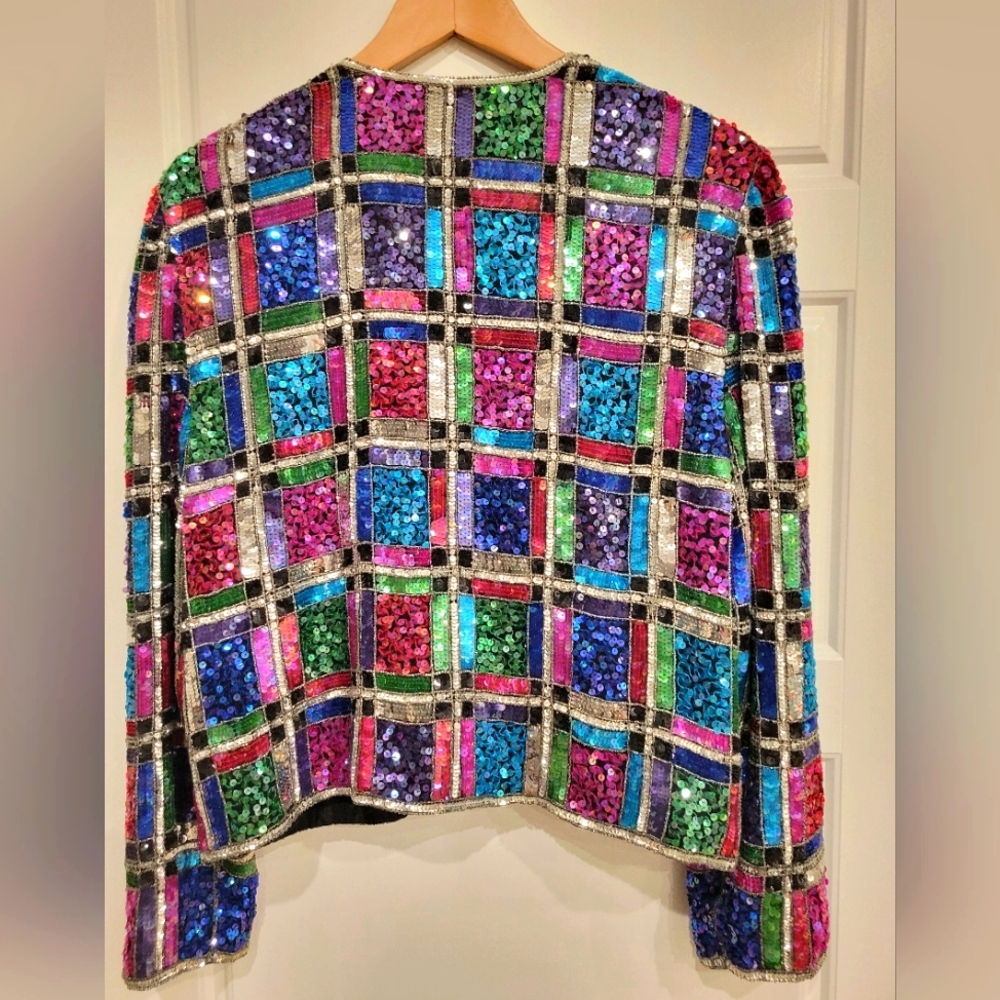 VINTAGE 80'S LESLIE FAY RAINBOW SEQUIN EVENING JACKET SIZE LARGE PETITE - Picture 4 of 16